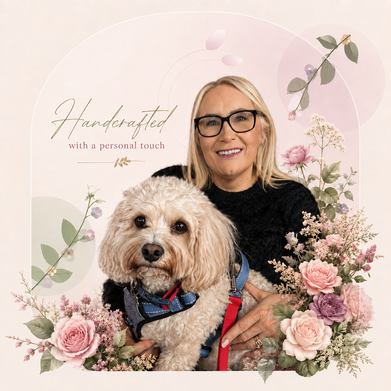 Julia and her fluffy companion, surrounded by florals