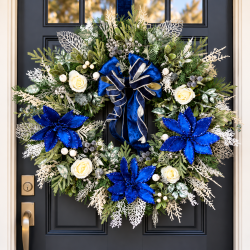 Blue & Silver Christmas Wreath with Cream Roses