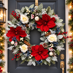 Red Poinsettia & Cream Rose Christmas Wreath